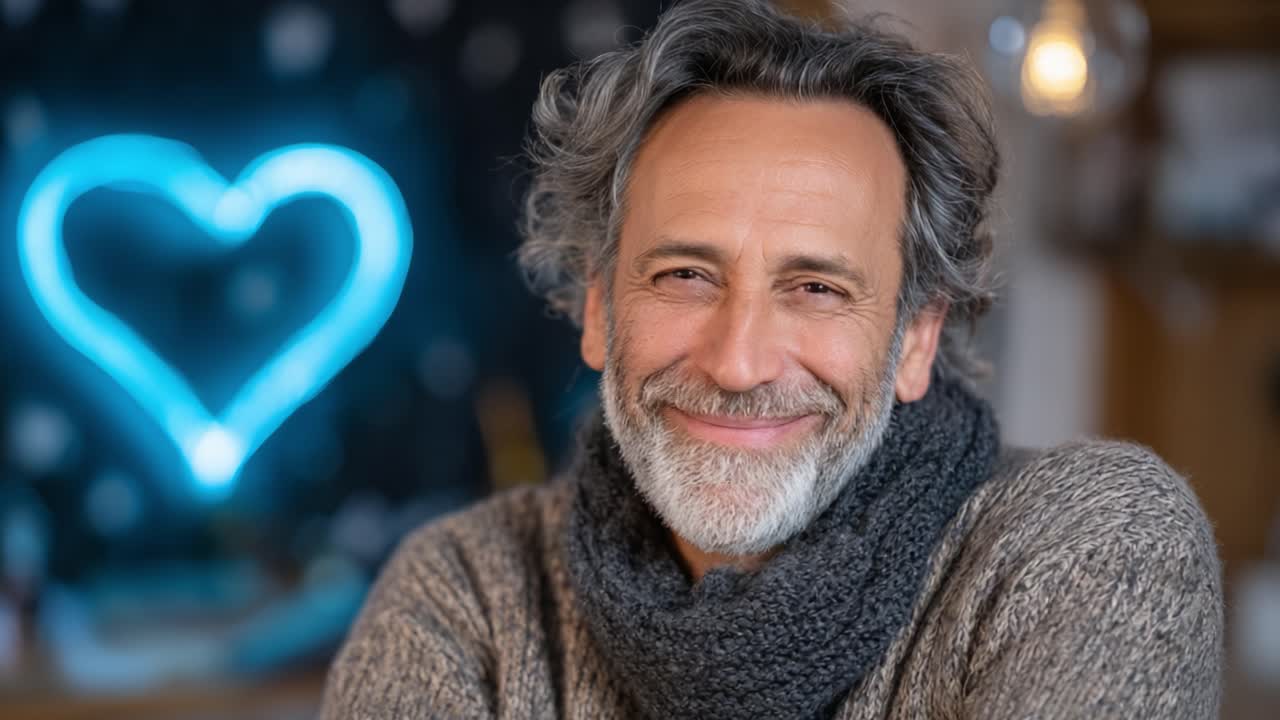 Um sorriso caloroso capturado: a expressão alegre de um homem em um suéter aconchegante contra um plano de fundo de luz em formato de coração, personificando felicidade e conforto