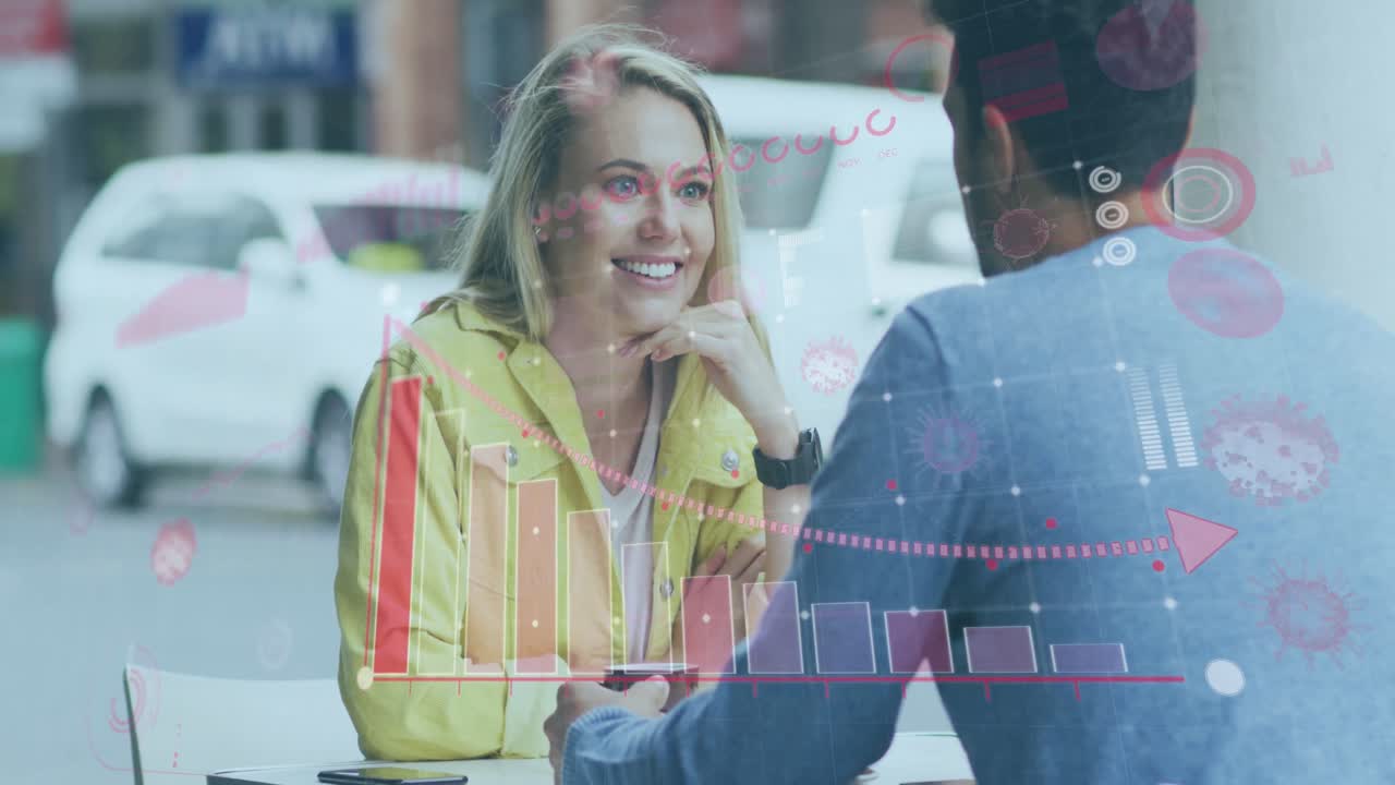 animación de una pareja caucásica hablando en un café