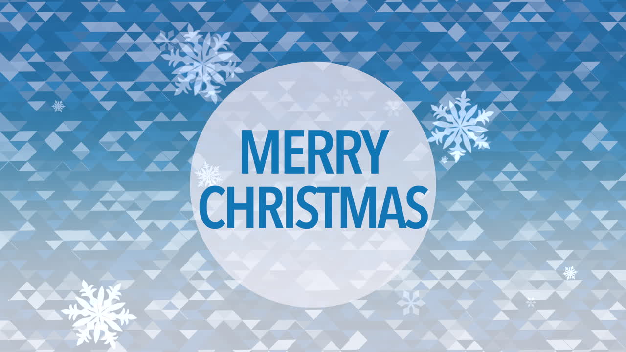 파란색 기하학적 그라데이션에 가을 눈송이와 원 안에 메리 크리스마스