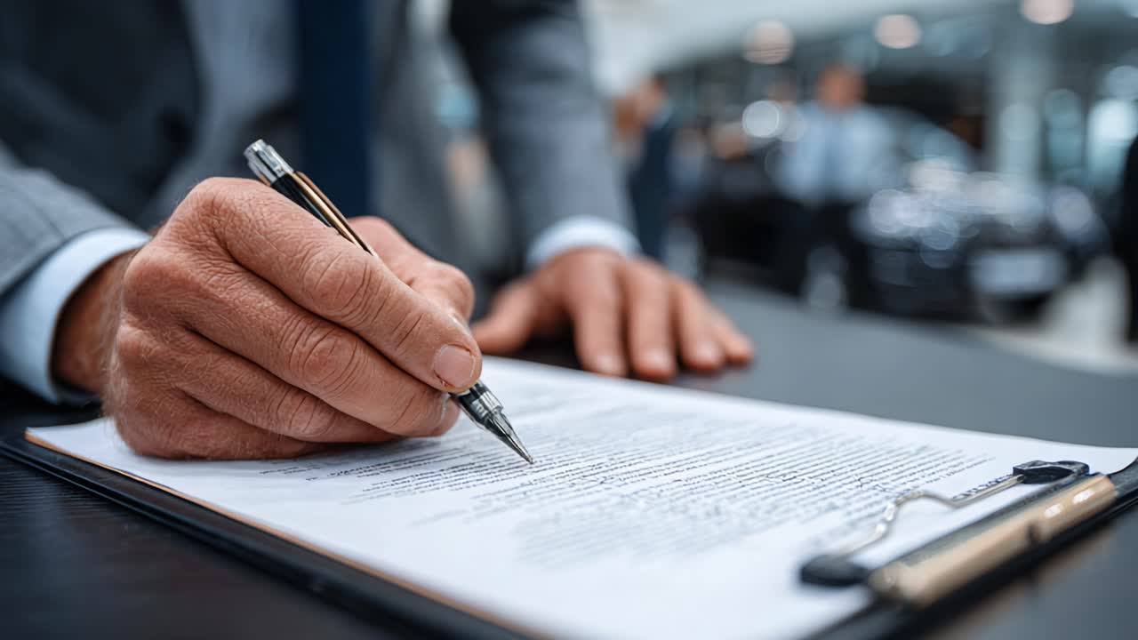 Primo piano di una mano che firma un documento importante, mostrando i dettagli di un contratto o accordo in un contesto professionale, probabilmente relativo a una transazione o un affare