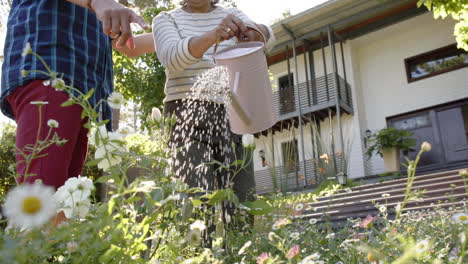 Feliz-Pareja-De-Ancianos-Birraciales-Regando-Plantas-En-Un-Jardín-Soleado