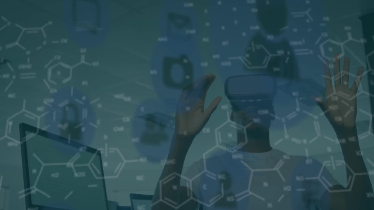 animación de fórmulas químicas sobre el hombre afroamericano en auriculares vr