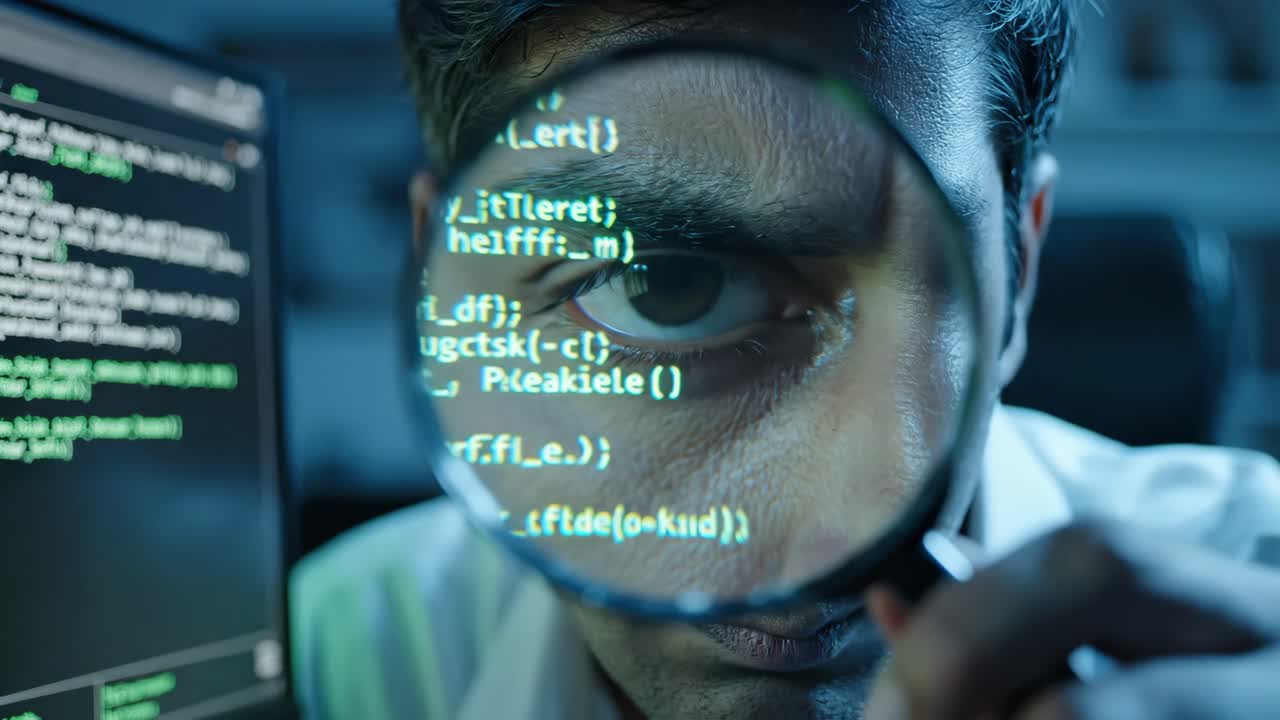A man inspecting code with a magnifying glass