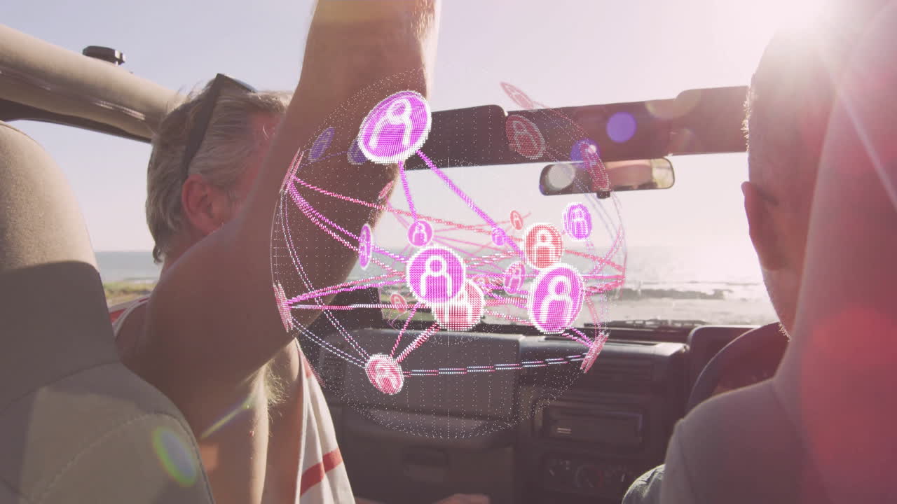 Two male friends driving convertible along coastal road, showing holographic tech network sphere