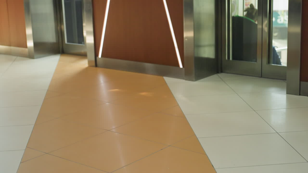 el enfoque está en un ascensor con personas dentro, descendiendo. la imagen incluye a una persona en primer plano alejándose, destacando el entorno dinámico del centro comercial