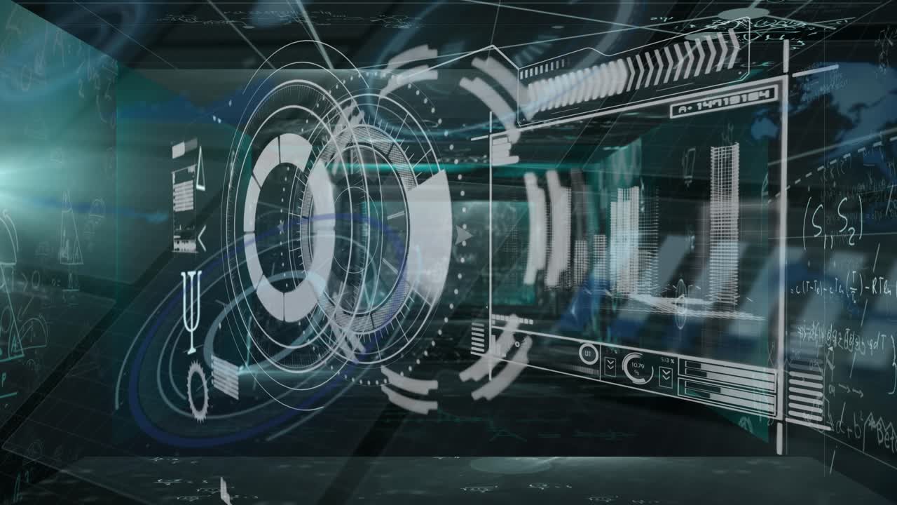 Digital video shows businesswoman in global tech and networking animation
