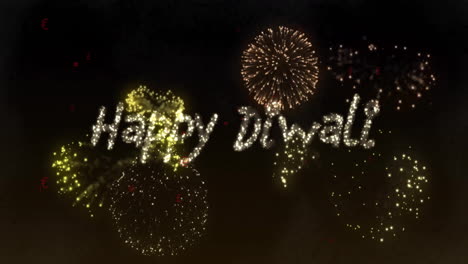 happy diwali text animation with fireworks on dark background