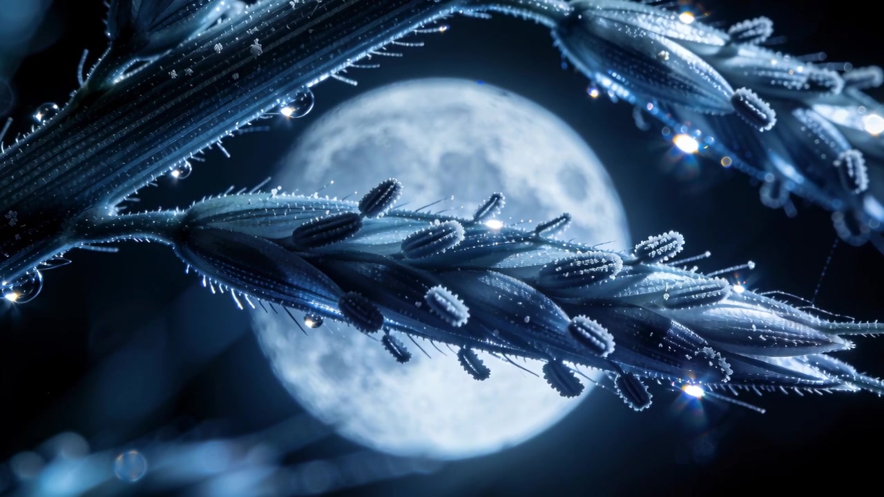 Shifting horizontal spikelet across field under full moon as camera nudges, revealing dew droplets