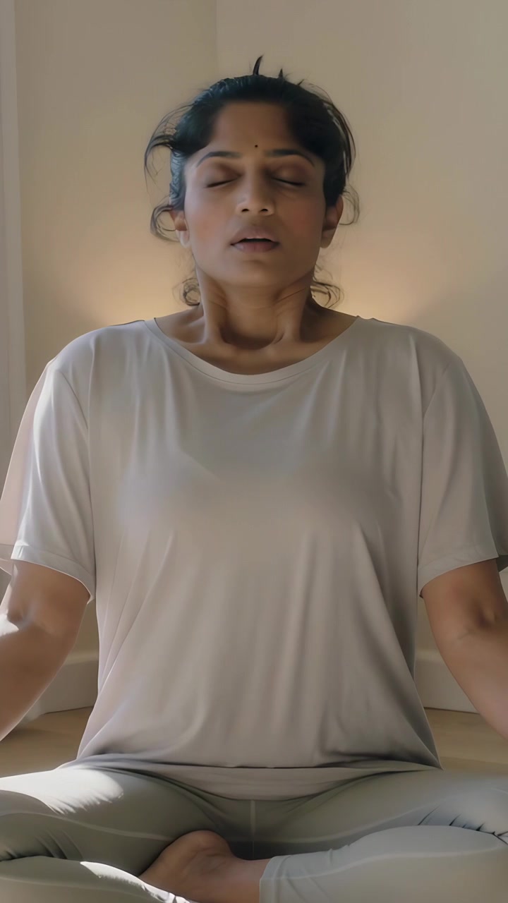 Video verticale: Donna che respira con bindi e occhi chiusi a casa, in abiti leggeri, con una lampada per la calma.