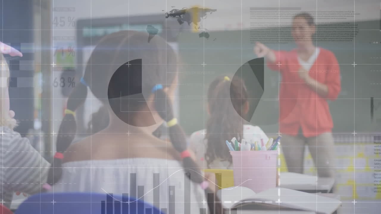 animación de la interfaz infográfica sobre diversas maestras que enseñan y apuntan a los estudiantes