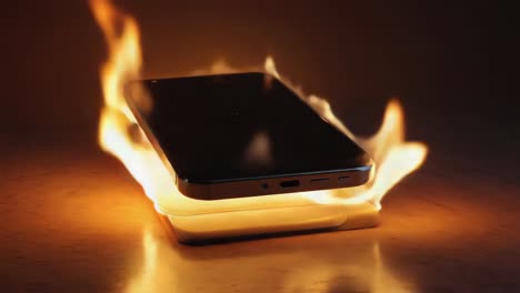 a black smartphone is on fire, with flames engulfing the device