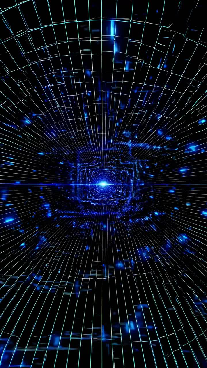 Futuristic video concept with a wormhole effect. Aerial view of glowing blue grid lines converging