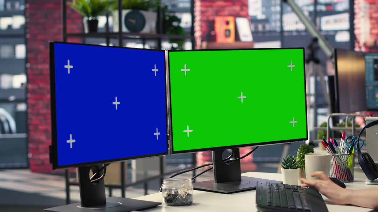 Businesswoman in a modern workplace types on a keyboard next to chroma key