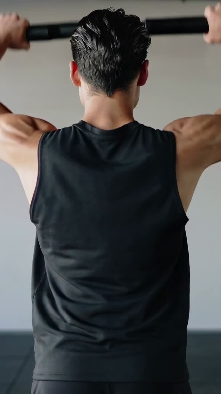 Vertical video: Gripping pull-up bar, male trainee in black tank pulling at gym, building strength