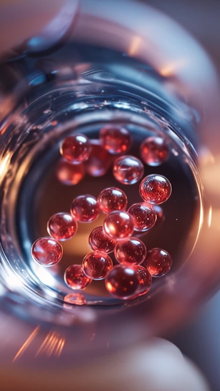 Primer plano de esferas rojas vibrantes y translúcidas suspendidas en un recipiente de vidrio, iluminadas desde abajo, creando un efecto visual impresionante con reflejos y luz