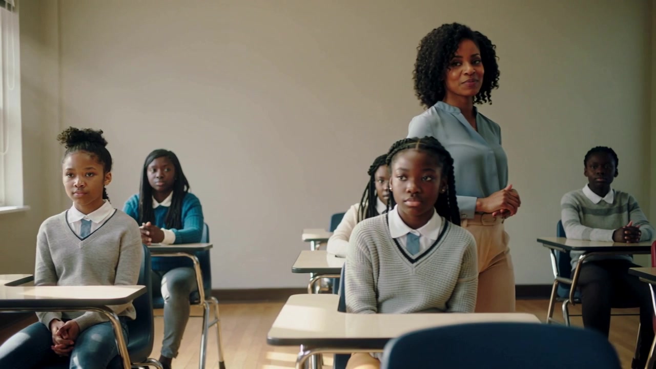 Shifting, female teacher in blouse pants stepping among desks in class, engaging uniformed students
