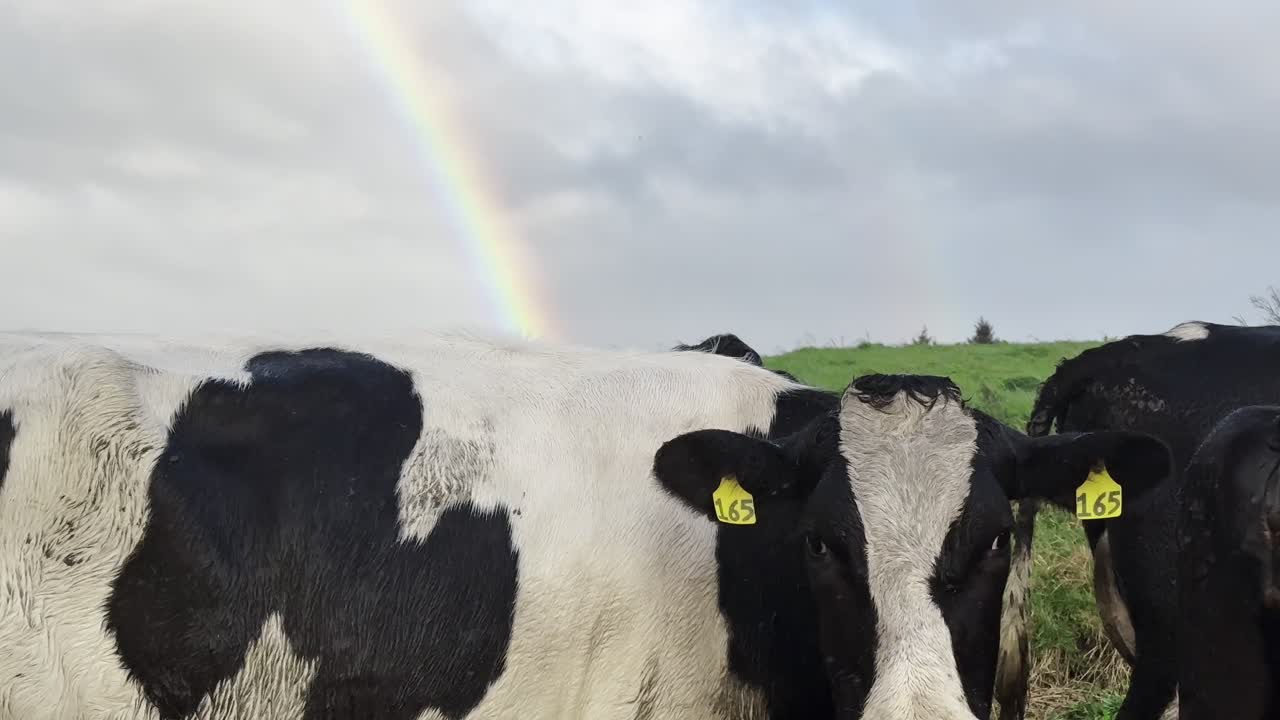 Close-up view of some dairy cows standing and resting in a green pasture under a rainbow, New Zealand.