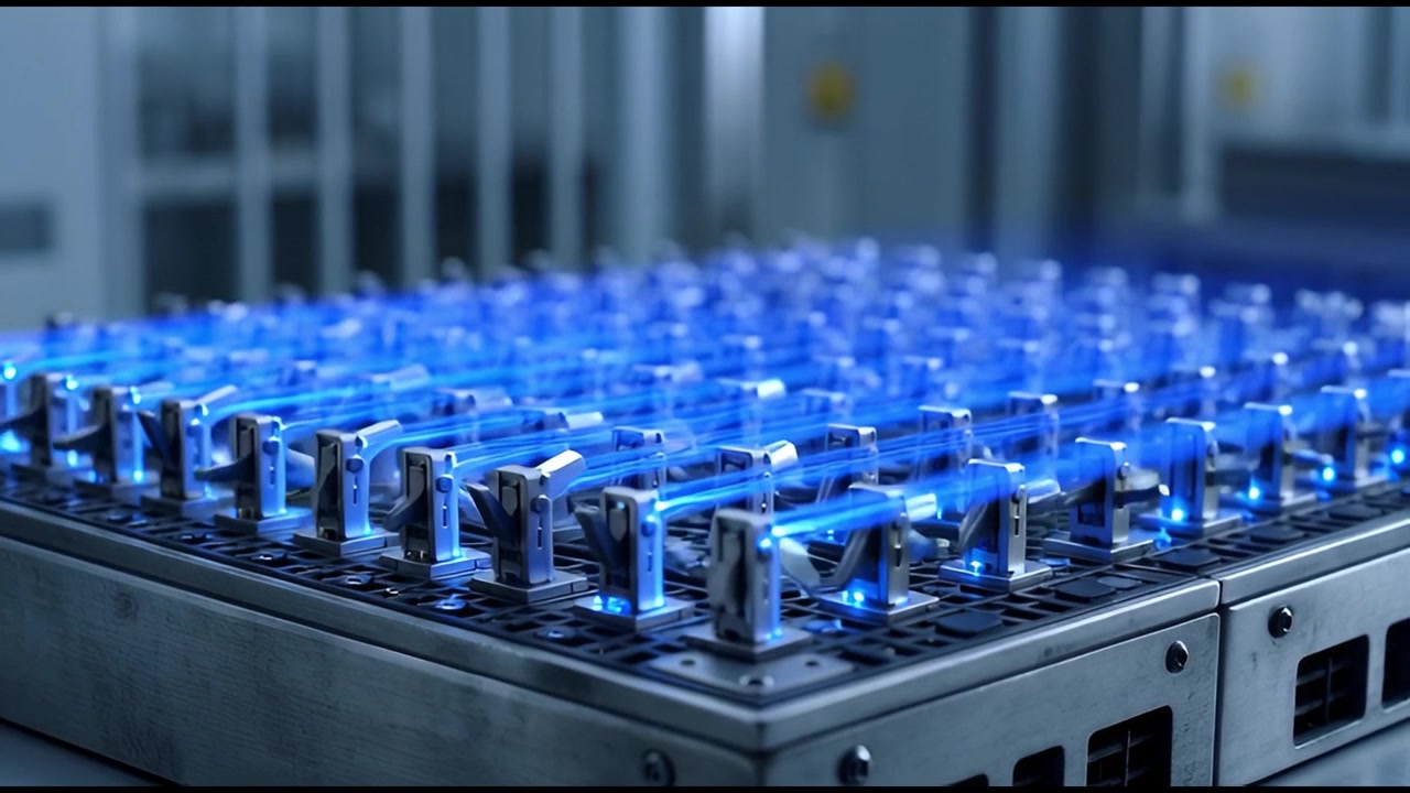 Blue Light Beams Connecting a Futuristic Metallic Grid