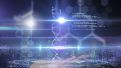 Animation of dna strand spinning and medical data processing over hand
