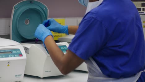 utilizando una centrífuga de muestra de sangre en un laboratorio.