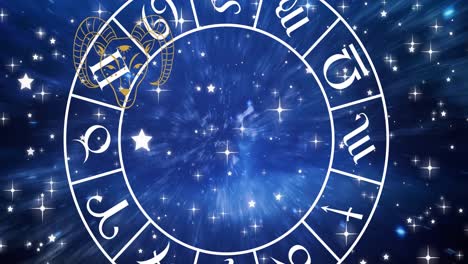 animation of horoscope symbols over stars on blue background