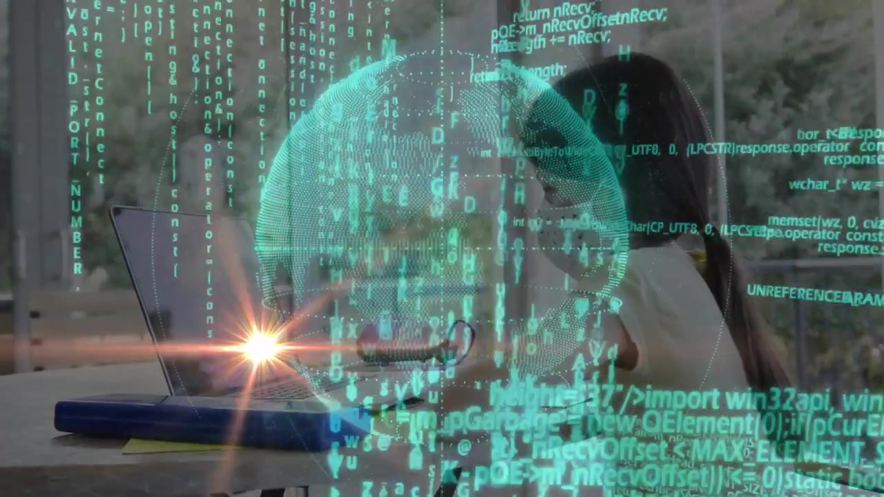 School-age girl opening laptop and placing headphones, engaging education coding holographic globe