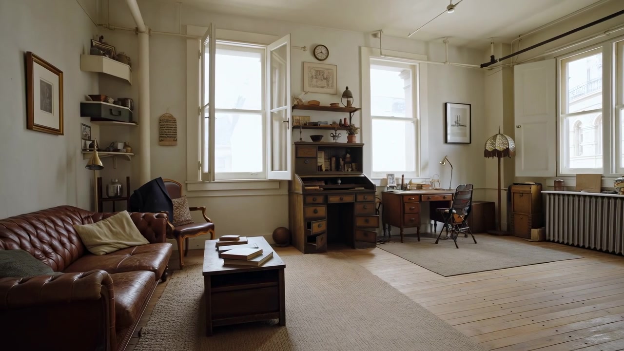 Sonnenlichtdurchflutetes Vintage-Loft-Wohnzimmer mit Ledersofa, Holzschreibtisch unter hohen Fenstern, Parkettböden und antikem Bücherregal.