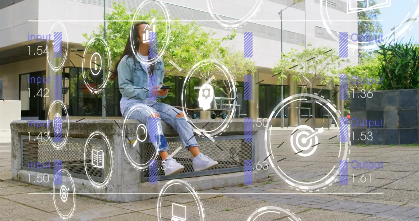 Woman tapping phone and scanning plaza, AR learning interface appearing, graphs causing gaze lift