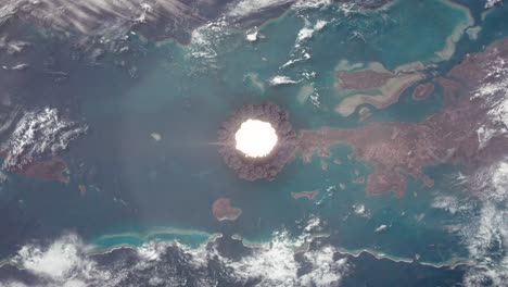 aerial shot of tropical islands seen from orbit as nuclear explosion detonates