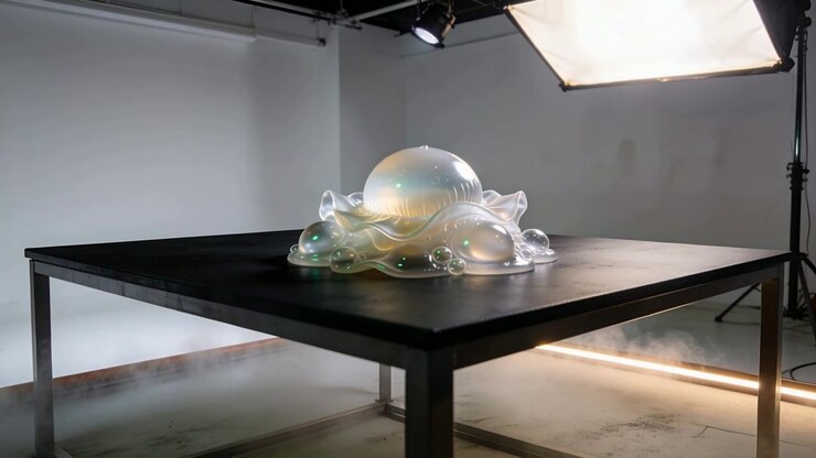 Lighting shifting, lights painting bubble sculpture on black table revealing color shifts and fog