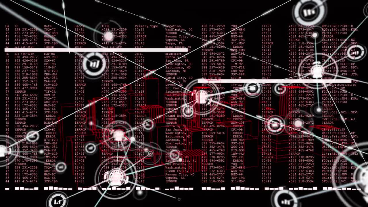 Animation of network of connections with icons and data processing on black background
