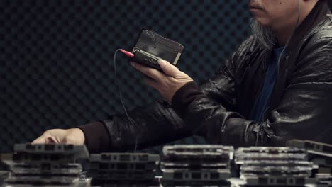 a man checks vintage music cassettes in a retro cassette player in a soundproof room or studio - black egg crate background