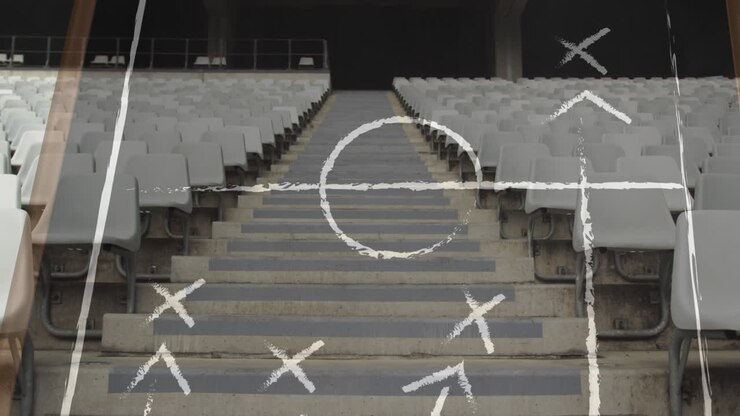 Animation of drawing of game plan over empty stadium