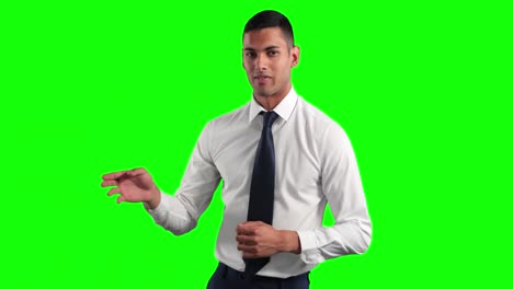 Animation-of-mixed-race-man-in-suit-talking-in-a-green-background