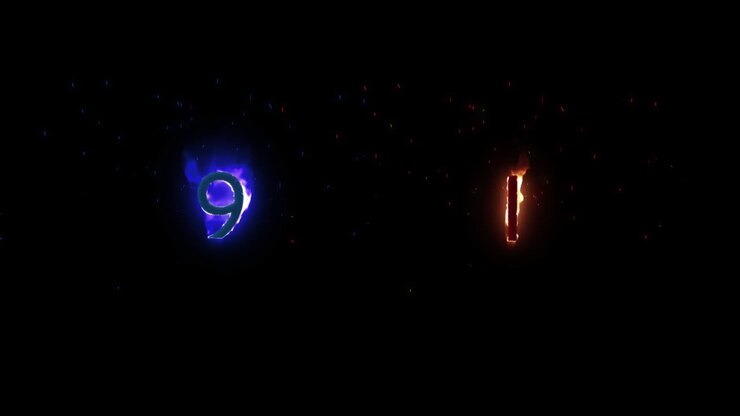 Digital animation of number one and nine on fire icon against black background