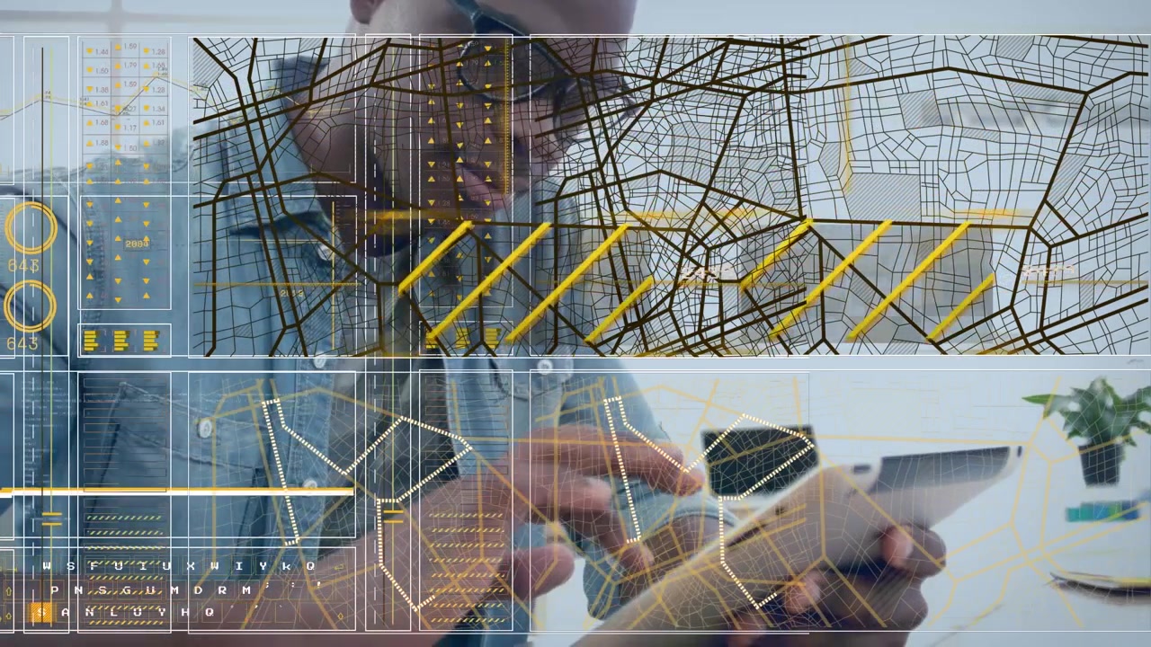 Animation of interface with data processing over african american man using digital tablet at office