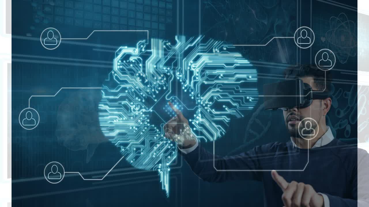Man using VR headset with digital brain animation