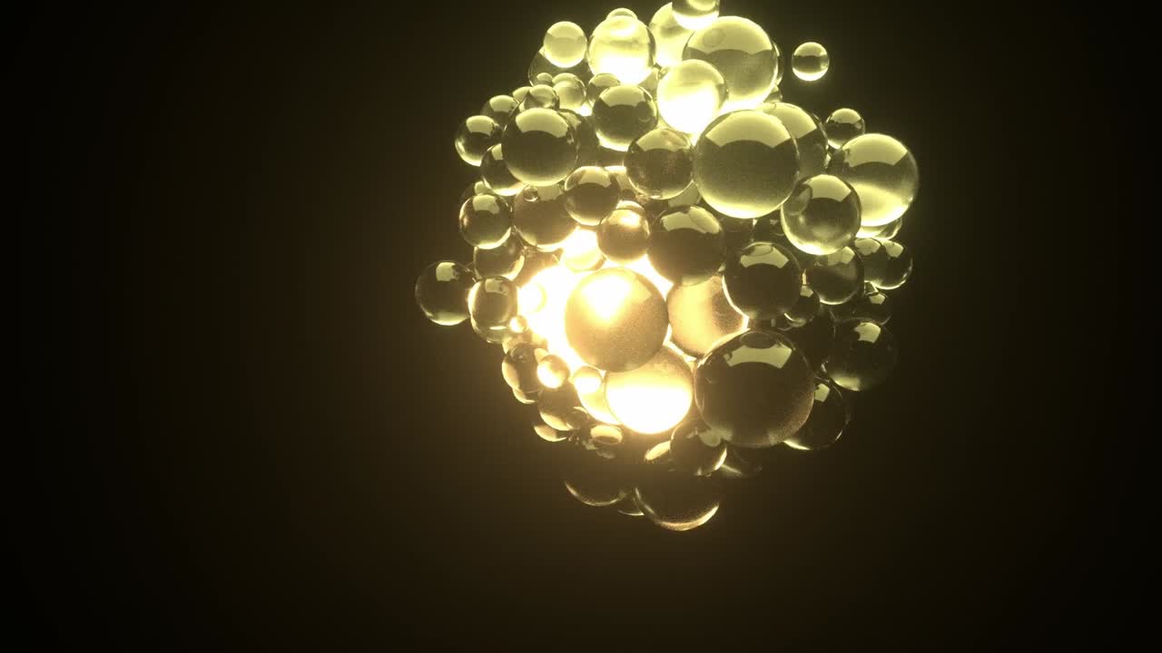 Abstract animation of a cluster of golden spheres pulsing and radiating light against dark background. Mystical, energetic, and captivating visual element