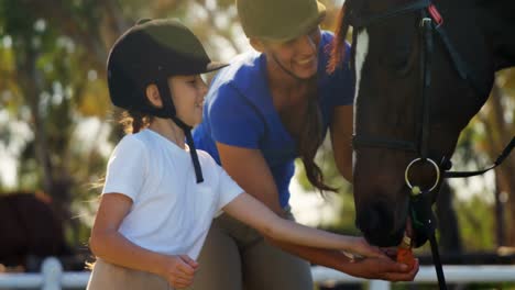 happy mother and daughter feeding carrot to horse 4k