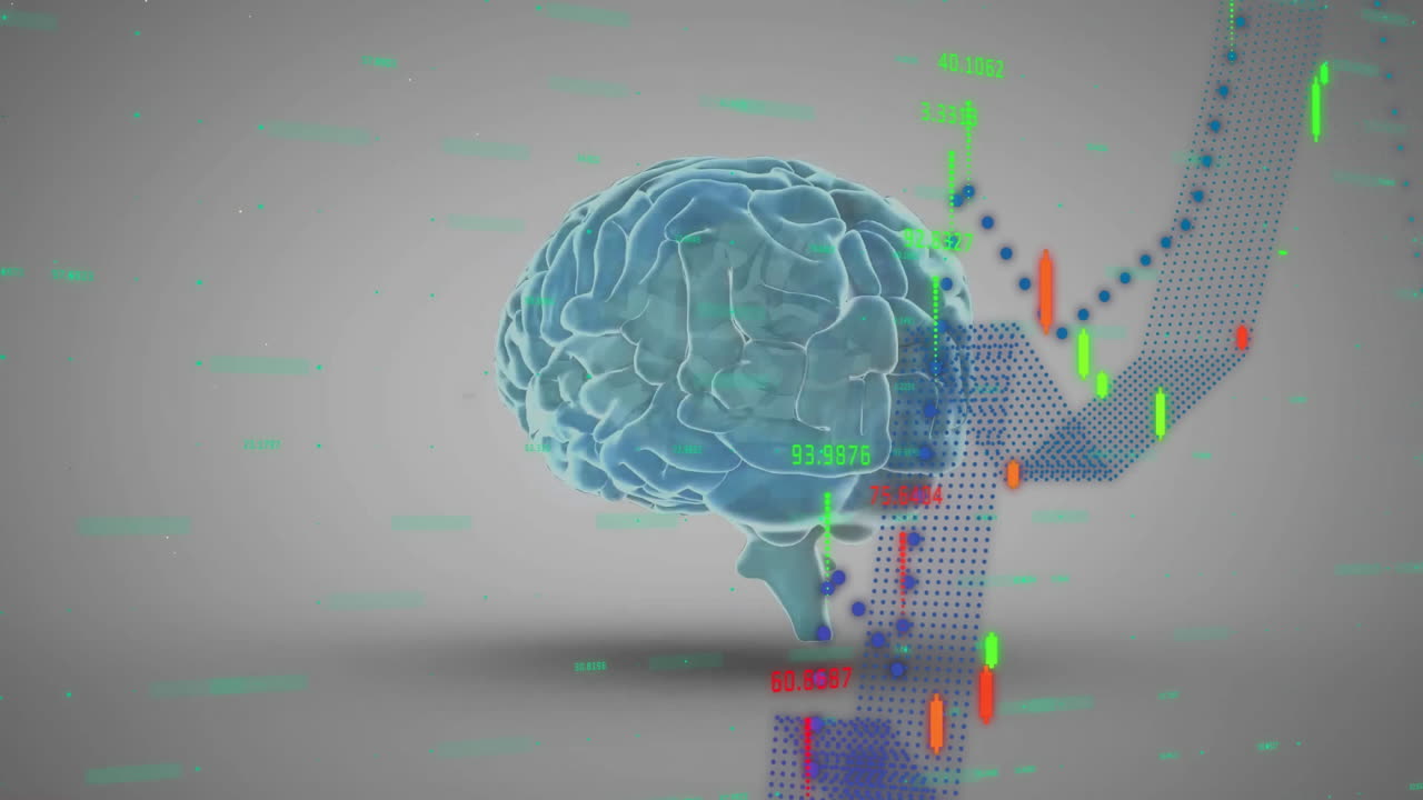 animación del procesamiento de datos y diagramas sobre el cerebro