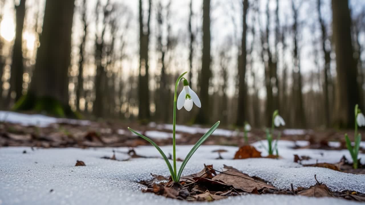 A Blooming Snowdrop Amongst Winter's Remnants: Capturing the Resilience of Nature in a Forest Scene of Snow and Leaves