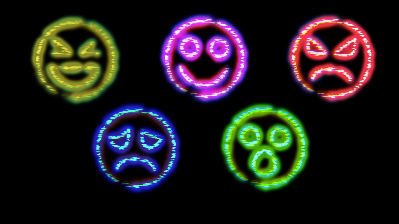 Animerede emojis i neon glitch-stil på sort baggrund