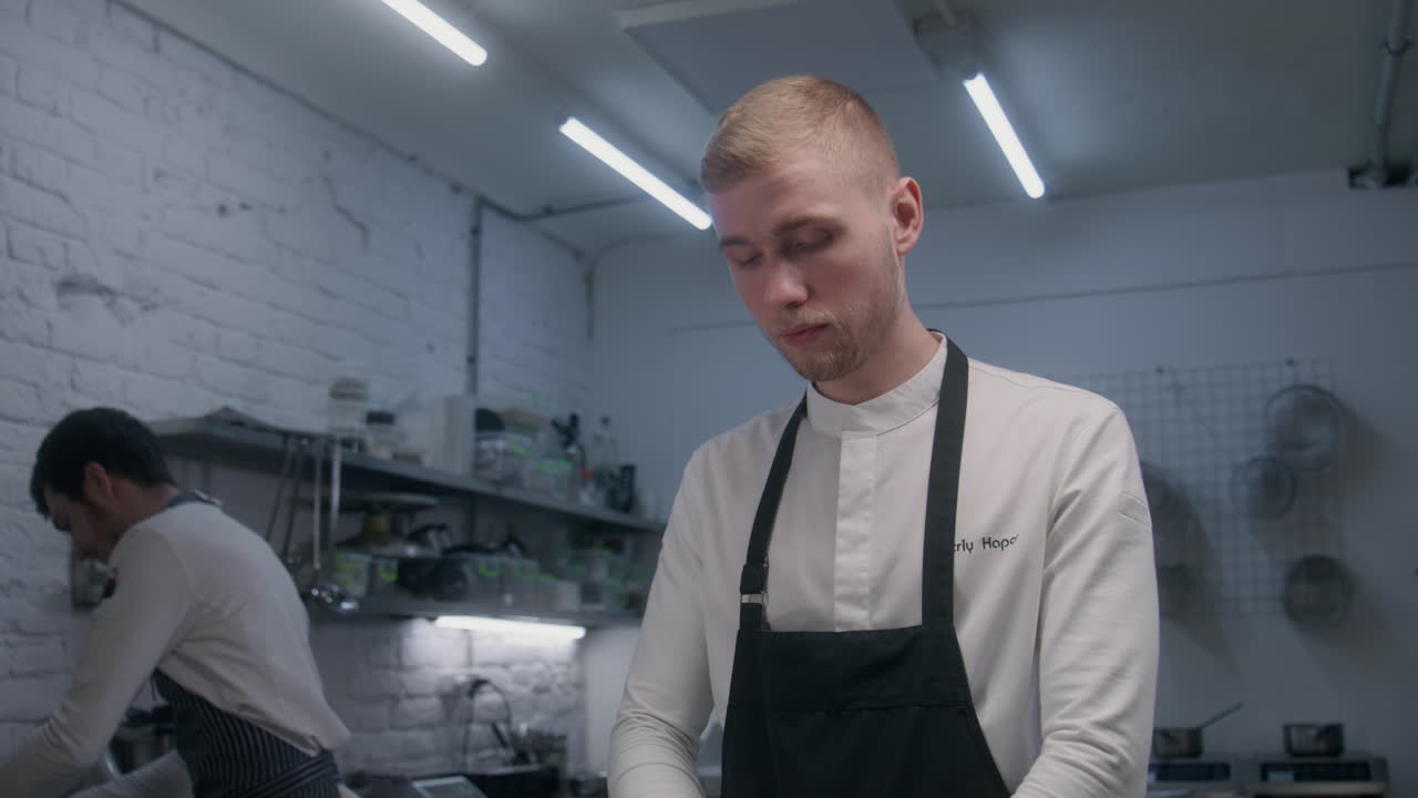 Two chefs working in a restaurant kitchen
