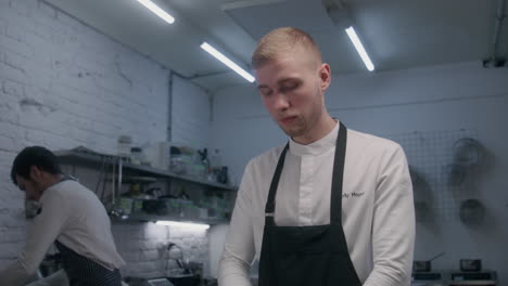 two chefs working in a restaurant kitchen