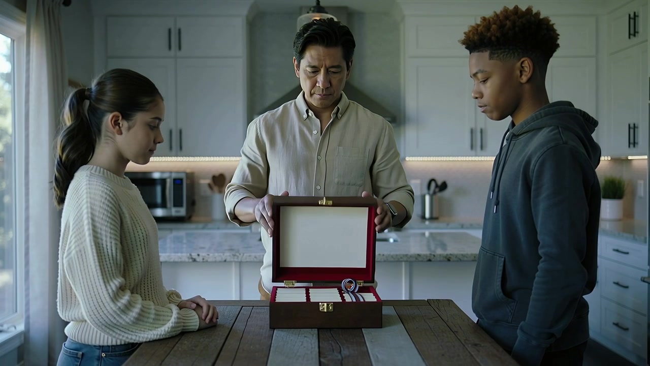 Lowering wooden box, man in beige shirt placing on island, opening revealing wristwatch to teens
