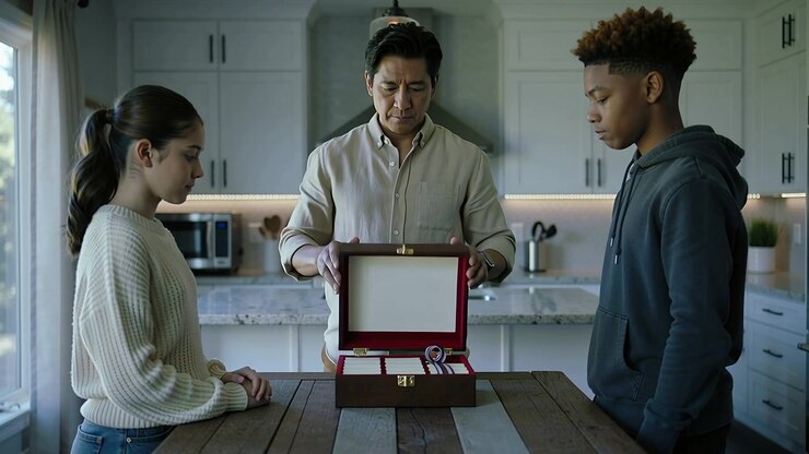 Lowering wooden box, man in beige shirt placing on island, opening revealing wristwatch to teens