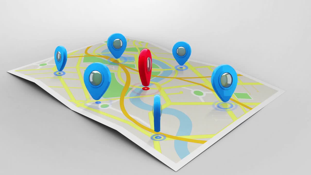 marcador rojo en un mapa rodeado de marcadores azules