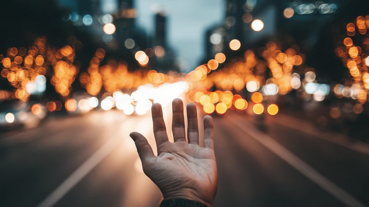 Una mano solitaria si protende verso una scena urbana serale piena di luci sfocate, creando un'atmosfera onirica di connessione e solitudine