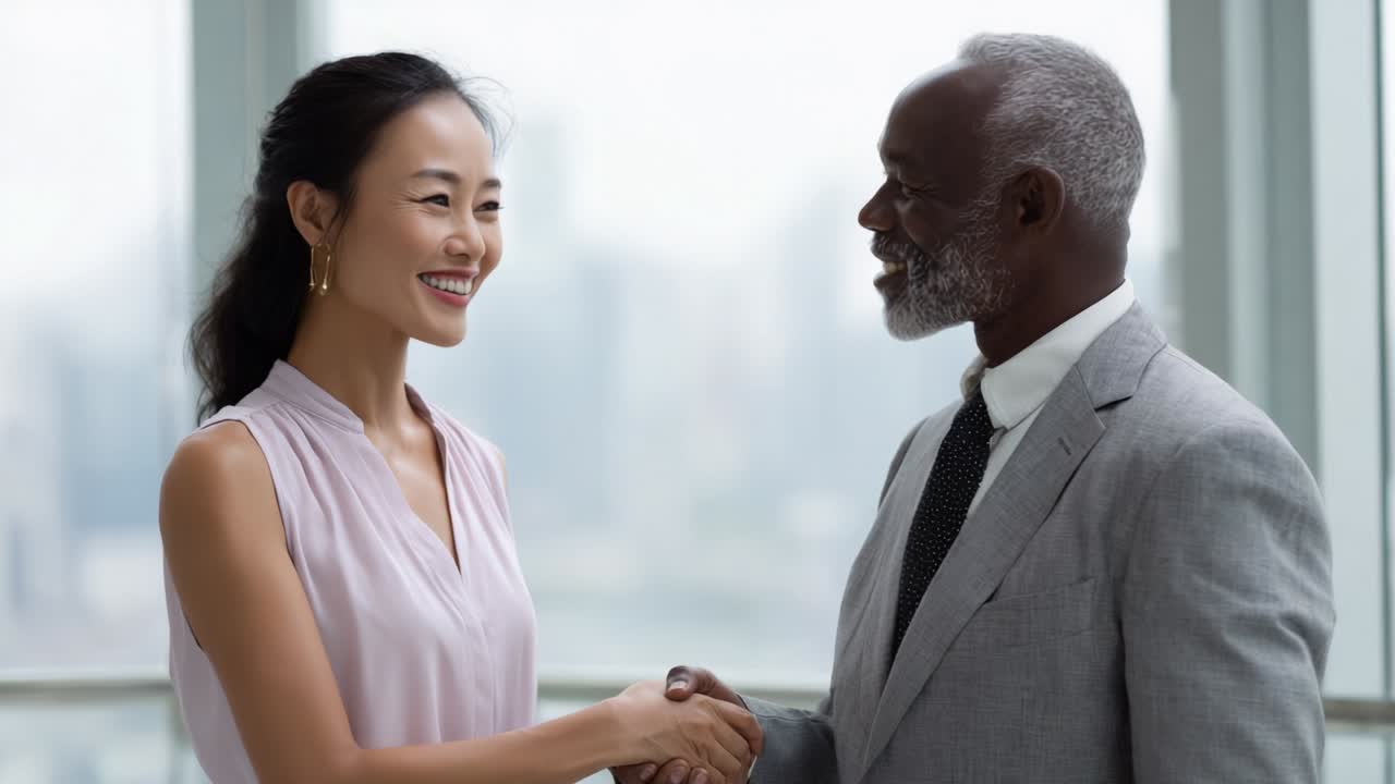 A Positive Business Interaction: A Woman and a Man Engage in a Friendly Handshake in a Modern Office Setting, Expressing Professionalism and Mutual Respect on a Bright Day