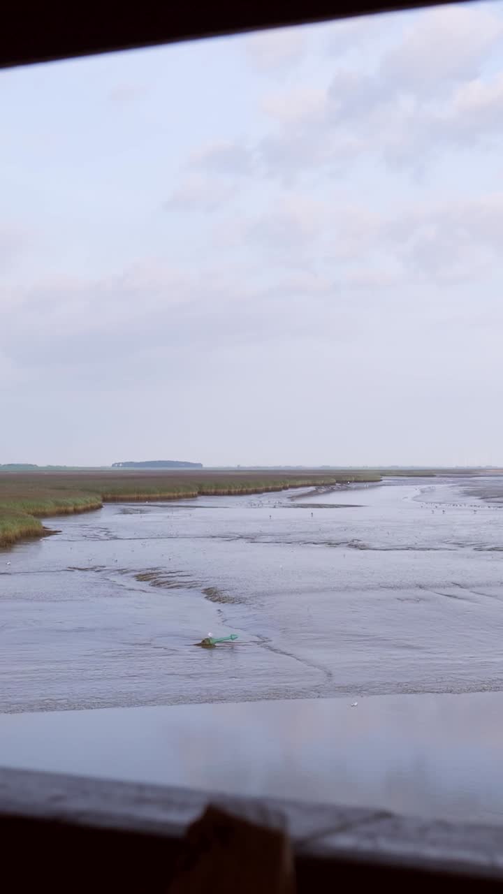 View of a Serene Marshland with Tidal Flats and a Small Boat